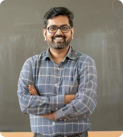 full body portrait photo happy indian school male teacher standing proudly plain background ar