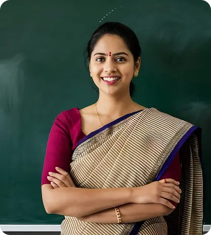 portrait indian lady teacher saree stands against green white blackboard